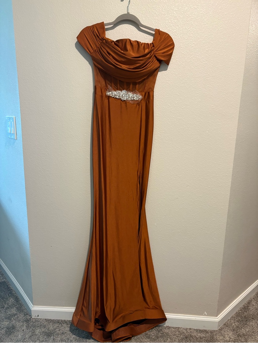 Rust Off-Shoulder Maxi Dress with Crystal Accent